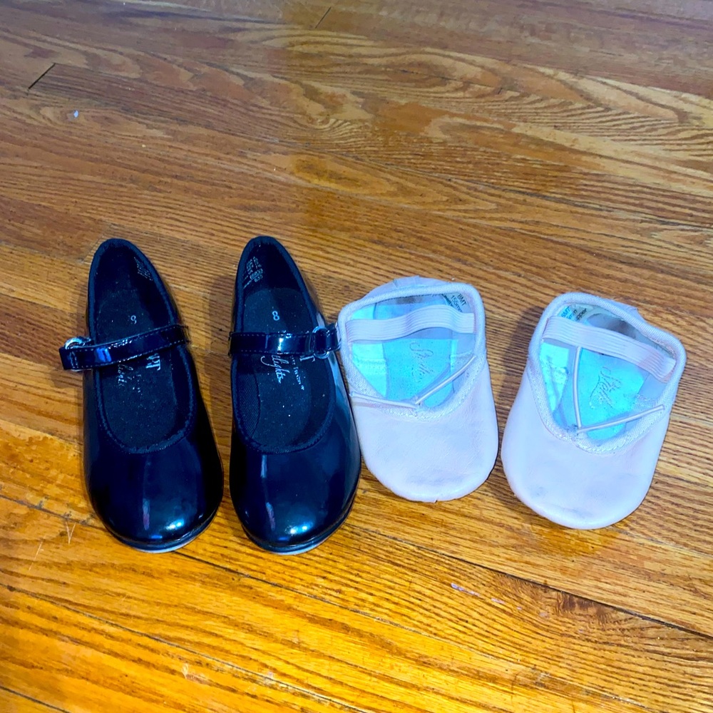 8 Toddler black tap and pink ballet combo dance shoes. Velcro girls dance shoes